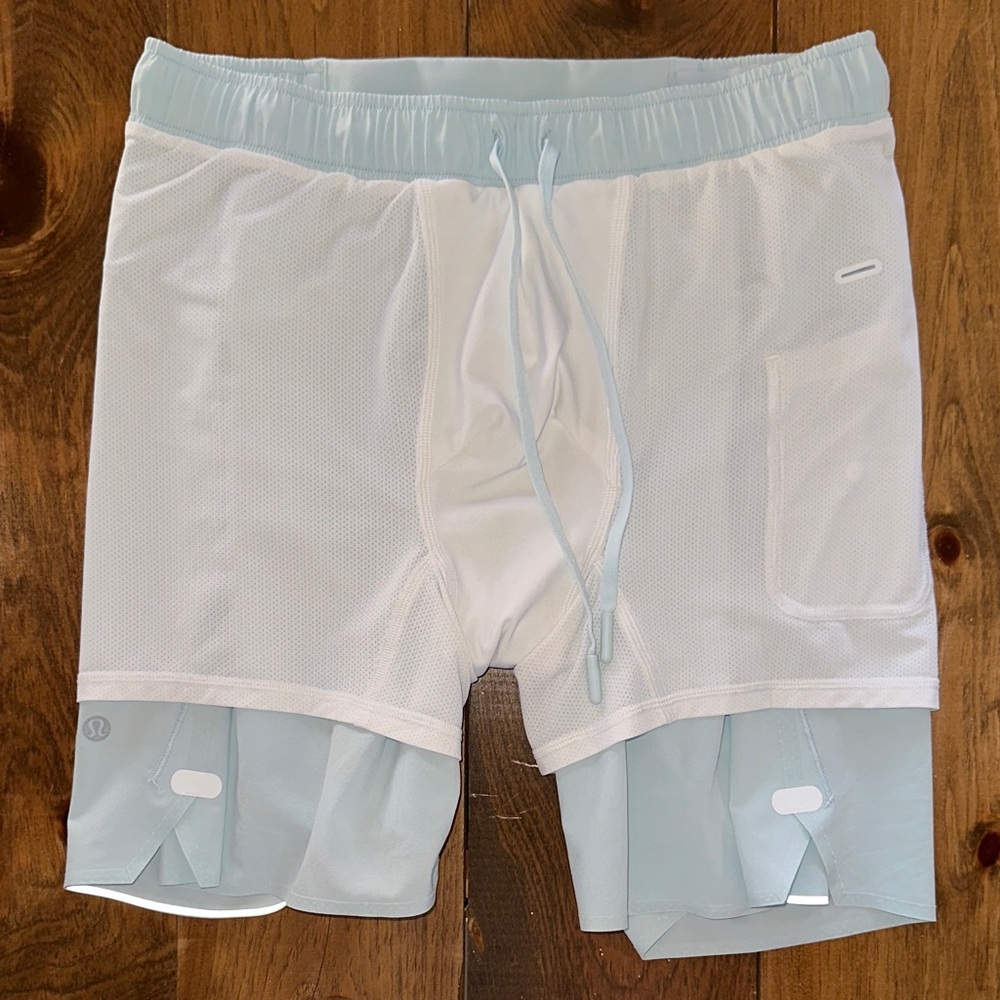 Lululemon Lined Men’s Surge Running Shorts Reflective Light Blue - Picture 9 of 9